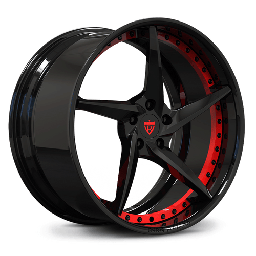 Custom forged 5 spoke concave wheel with black and red finish, designed for c8 Corvette Z51 and aftermarket applications.