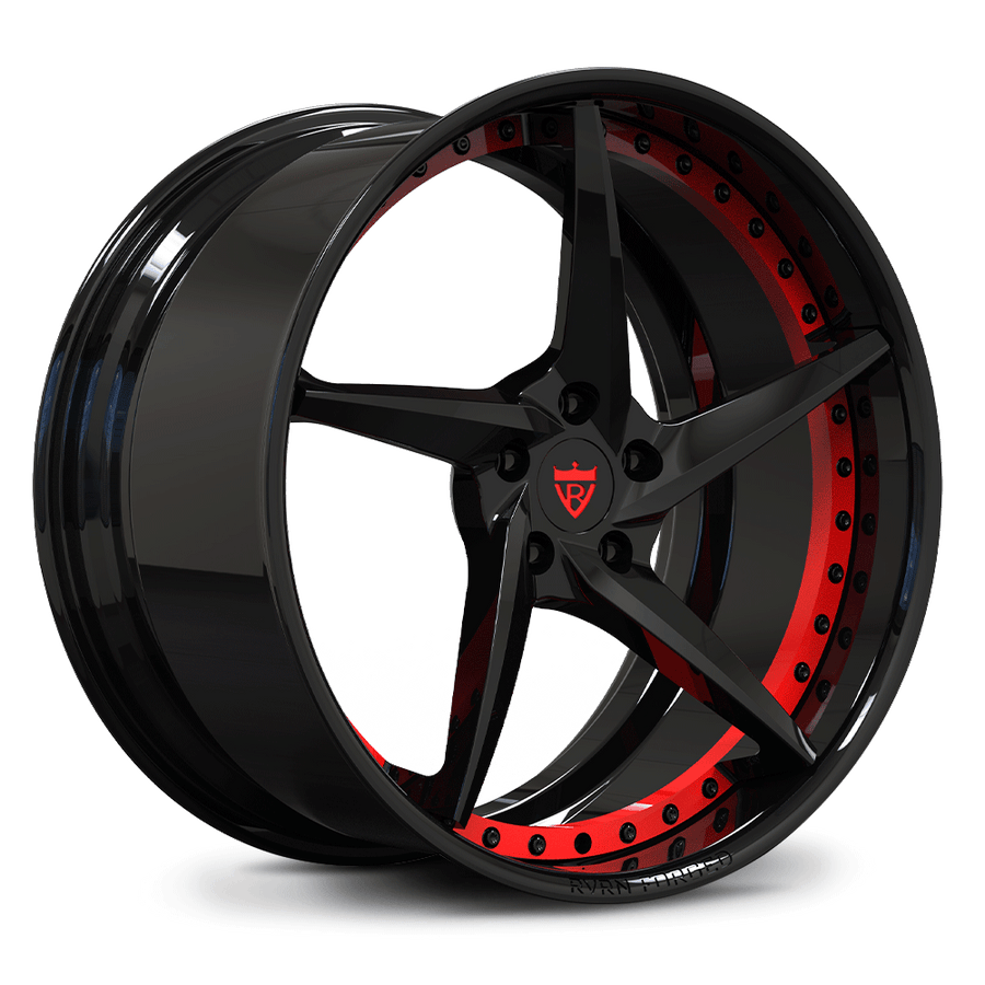 Custom forged 5 spoke concave wheel with black and red finish, designed for c8 Corvette Z51 and aftermarket applications.