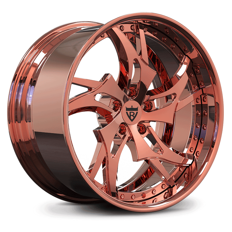 Custom forged rose gold wheels for Dodge Charger Hellcat, featuring deep dish design and high-performance aluminum alloy.