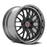 Custom 2 piece deep lip forged wheels with black finish and polished rim, ideal for luxury vehicles like Ferrari and BMW.