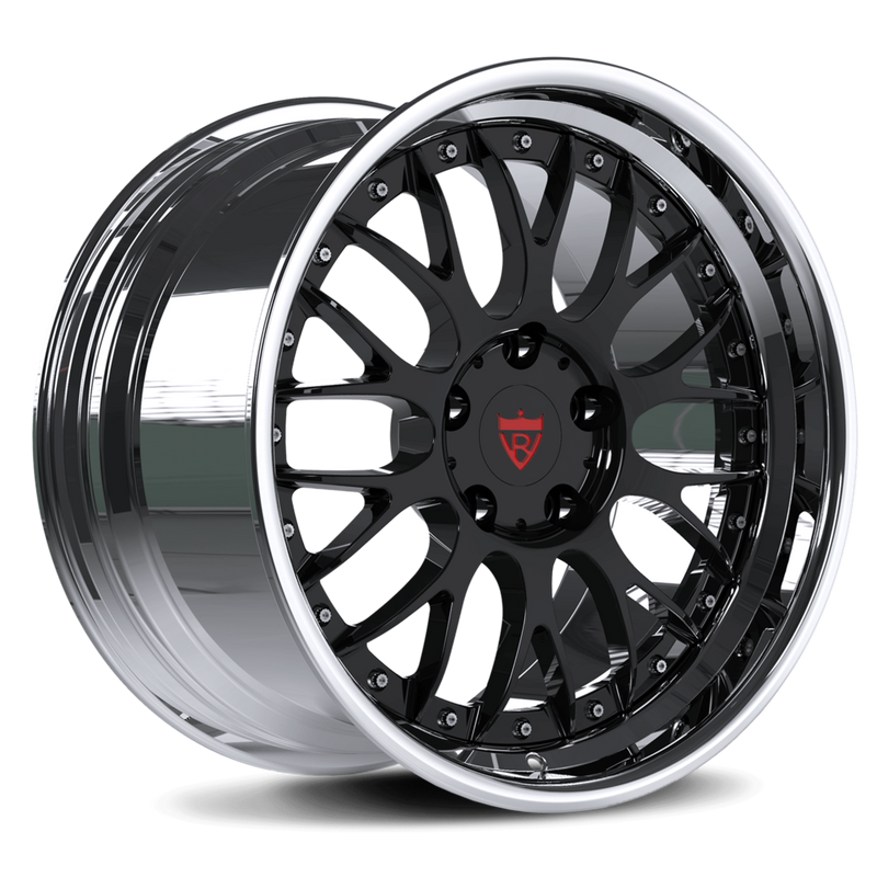 Custom 2-piece deep lip forged wheels with black finish and shiny chrome lip, suitable for luxury and sports cars.
