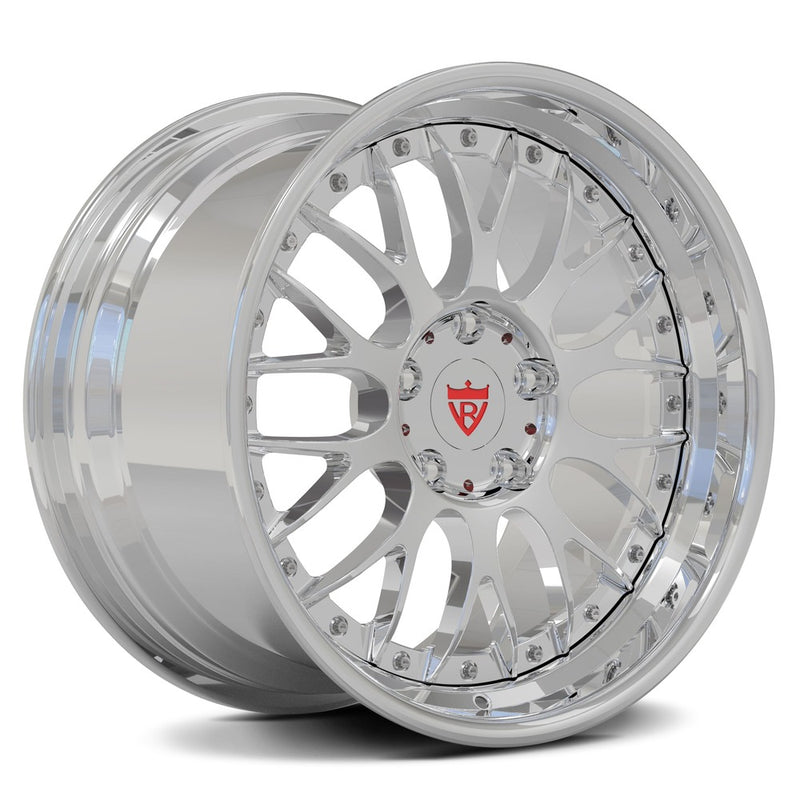 Custom 2 piece forged wheels, shiny chrome finish, designed for Porsche and luxury vehicles, showcasing deep dish style.