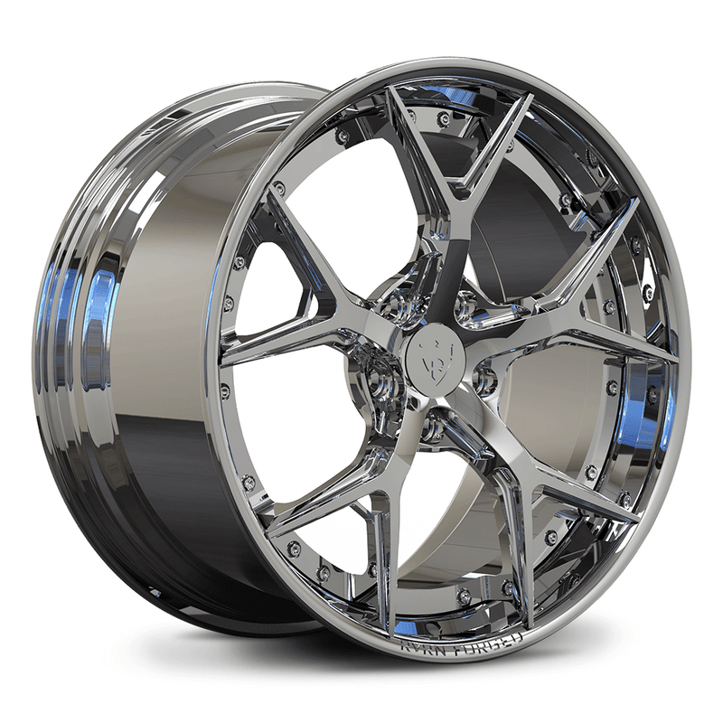 Custom forged chrome wheel design for C6 Corvette, showcasing intricate spokes and polished finish.