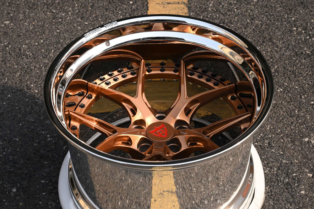 Deep dish rims for 1970 Dodge Charger featuring Glossy Purple Bronze face and stepped polished Chrome outer lip.