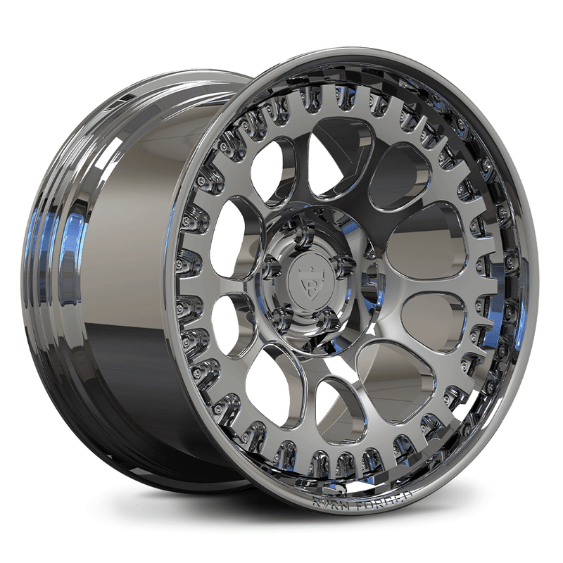 Custom forged deep dish wheels for Ford Mustang GT, featuring a sleek chrome finish for an aggressive look.