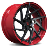 Custom 2 piece forged wheel RV-DF041 in red and black, ideal for luxury cars like Ferrari and Tesla.