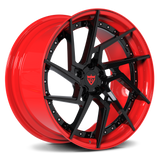 Custom 2-piece forged wheels in red and black, ideal for sports cars like Ferrari 488 GTB and luxury vehicles.