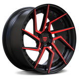 Custom 2-piece forged wheel RV-DF041 with black and red finish, suitable for cars like Ferrari and Tesla.