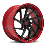 Custom 2 piece forged wheel RV-DF041 in red and black finish, perfect for Ferrari and other luxury vehicles.
