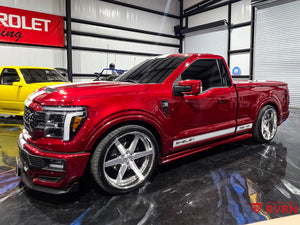 Side profile of 2024 Ford F150 Shelby with RVRN DF14 24" custom forged wheels, staggered fitment