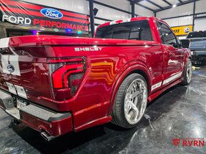 2024 Ford F150 Shelby DF14 RVRN 24-inch forged wheel rear view, chrome barrel, brushed aluminum spokes
