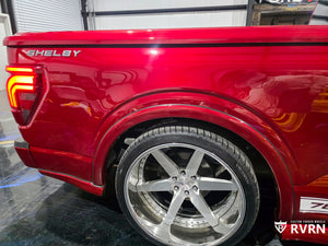 Angled shot of F150 Shelby DF14 24-inch forged wheels, highlighting chrome barrel and brushed aluminum spokes
