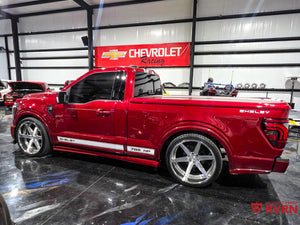 2024 Ford F150 Shelby with DF14 RVRN 24-inch custom forged wheel front view, brushed aluminum & chrome, staggered deep dish