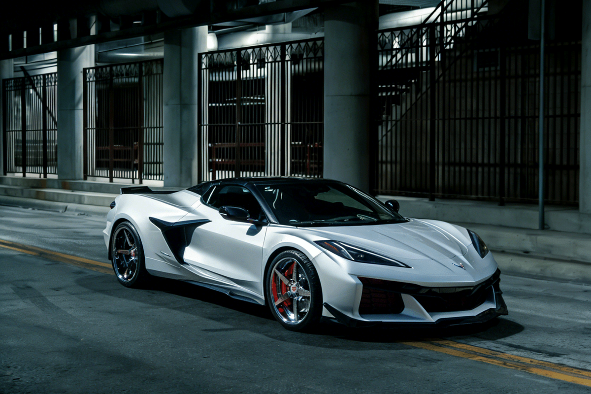 RVRN DF14 custom forged chrome wheels installed on 2026 Corvette C8 E-Ray aggressive stance fitment