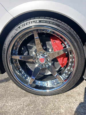 RVRN DF14 custom forged 5-spoke chrome wheels on 2026 Corvette C8 E-Ray staggered fitment 20x10 21x13