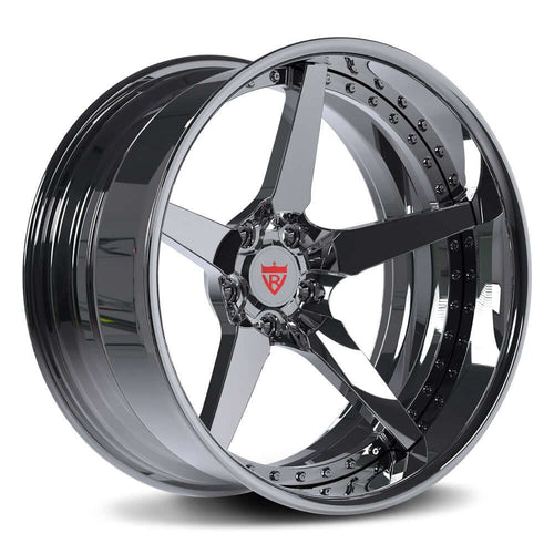 Custom forged 5 spoke chrome wheels showcasing a polished deep dish design, perfect for any vehicle.