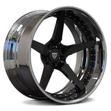 Custom forged 5 spoke chrome wheels, showcasing a sleek black finish and deep dish design, perfect for any vehicle.