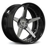 Custom forged 5 spoke chrome wheels in black finish, designed for deep dish look and superior vehicle compatibility.