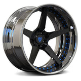 Custom forged 5 spoke chrome wheel with a polished finish and blue accents, designed for performance and style.