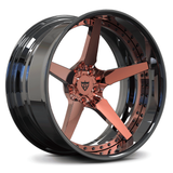 Custom forged 5 spoke chrome wheels with rose gold accents, designed for high performance and style.