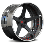 Custom forged 5 spoke chrome wheels, featuring sleek design and deep dish with red accents, ideal for any vehicle.