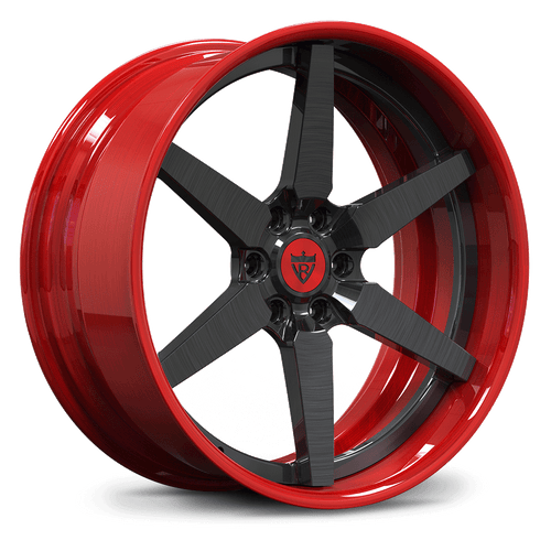 Custom forged 2-piece 6 spoke wheels RV-DF14 in red and black, designed for Ford F-150 trucks for enhanced performance.