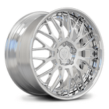 Custom forged deep dish chrome wheels with intricate design and shiny finish, perfect for any vehicle.