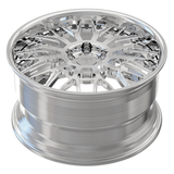 Custom forged deep dish chrome wheel, designed for maximum concavity and brake clearance.