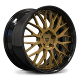 Custom forged deep dish 2-piece wheels in black and gold finish, ideal for chrome deep dish car wheels.
