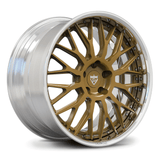 Custom forged deep dish chrome wheel, featuring aerospace-grade aluminum alloy in bronze finish, designed for optimal performance.
