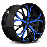Custom forged black and blue 2-piece wheel designed for 2020 Ford Mustang EcoBoost Premium and compatible with other vehicles.