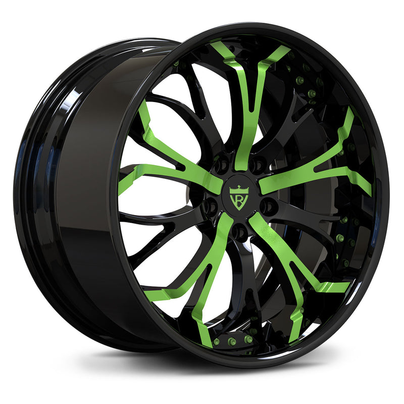 Custom forged 2-piece wheels in black and green, perfect for 2020 Ford Mustang EcoBoost Premium and other vehicles.