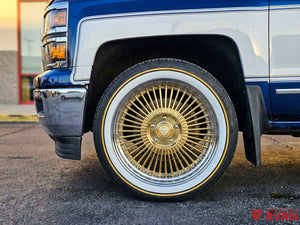 Close-up of forged truck wheels on 2014 Chevy Silverado, custom machined finish 20x10 wheel detail