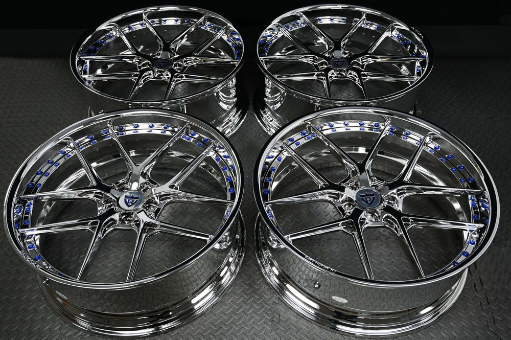 Dodge Charger chrome wheels 24x9.5 deep dish rims RV-DR08D rear angle view.