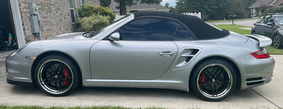 2008 Porsche 911 Turbo on RVRN DP03 5-Star custom forged black chrome wheels, 19x8.5 front / 19x11 rear concave setup.