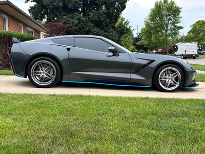 Side profile of Corvette C7 Stingray with MP03 and DP03 5-spoke forged wheels, custom 18x8.5 and 19x10 setup