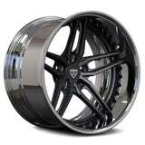 Chrome rims with a classic 5 spoke and deep dish style, carbon fiber wrapped spokes RVRN custom forged 2-piece series