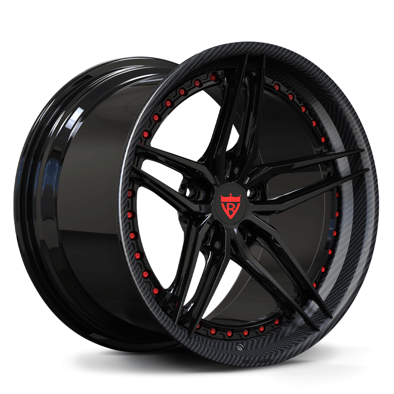 Custom forged 5-spoke carbon fiber wheel with black finish and red accents, designed for Porsche vehicles.