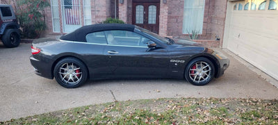 Front view of 20x9 forged wheel on Maserati Granturismo, custom wheel design built to owner specifications