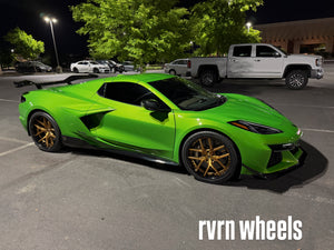 green corvette c8 e-ray with bronze deep dish wheels aggressive stance setup