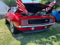 Front angle of Camaro with DR08D chrome deep dish wheels, 18x8 / 18x8.5 setup, showcasing concave spokes and polished finish.