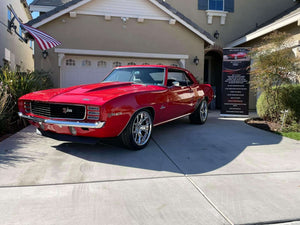 Side view of 1969 Camaro featuring DR08D chrome deep dish wheels, highlighting aggressive stance and classic muscle car profile.