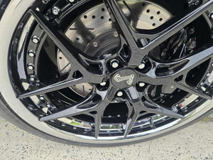 Custom forged black and chrome rims on a 2011 Ford Shelby GT500, showcasing RVRN RV-DR08D series wheels.