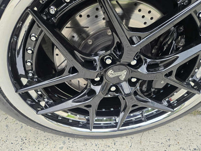 Custom forged black and chrome rims on a 2011 Ford Shelby GT500, showcasing RVRN RV-DR08D series wheels.