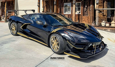 2020 Corvette C8 Z51 in black with gold rims and chrome accents, featuring RVRN aftermarket wheels.