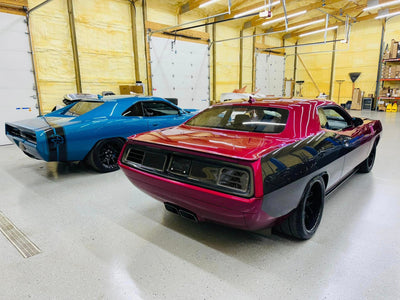 Wide stance view of Dodge Challenger Hellcat on staggered custom wheels, 20x9.5 front 20x11 rear forged setup