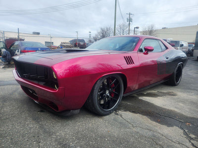 Front 20x9.5 custom forged wheel on 2022 Dodge Challenger Hellcat, aggressive muscle car fitment, custom wheel design