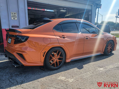 Side view of custom 18x8.5 forged wheels for Subaru WRX Limited, aggressive stance and precise fitment