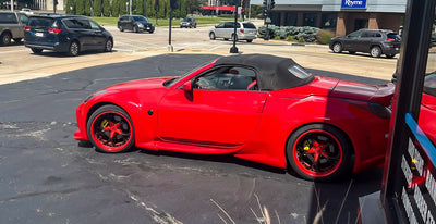 2006 Nissan 350Z widebody on RVRN DS016 deep dish custom forged wheels 19x9 front red black