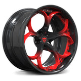 Custom forged carbon flash metallic wheels in red and black design for corvette c8 vehicle 
